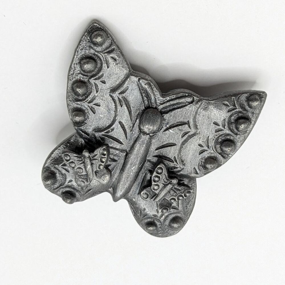 Vintage Pewter Small Butterfly Brooch with Matching Stud Earrings Set